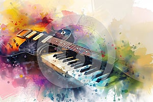 Abstract distressed watercolour painting of an acoustic guitar and electric piano keyboard synthesiser