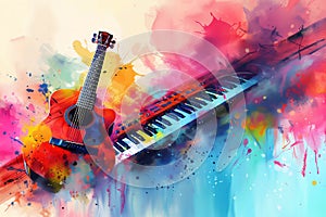 Abstract distressed watercolour painting of an acoustic guitar and electric piano keyboard synthesiser