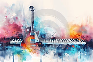 Abstract distressed watercolour painting of an electric guitar and piano keyboard synthesiser