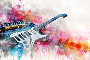 Abstract distressed watercolour painting of an electric guitar and piano keyboard synthesiser