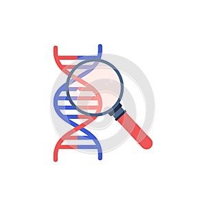 Abstract DNA helix research with magnifying glass, flat vector illustration isolated on white background.