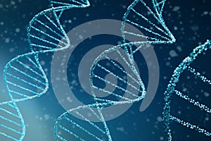 Abstract DNA medical background. 3d illustration of double helix blue DNA molecules uses in technology such as bioinformatics, photo