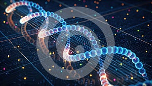 Abstract DNA Strand Visualization with Glowing Spheres and Data Grid