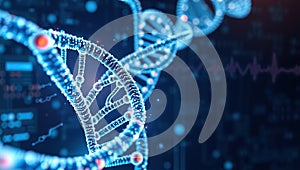 Abstract DNA Structure Visualization A Digital Network of Data Flow Technology and Sound Waves
