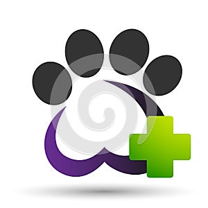 Abstract dog paw print vector draw medical cross icon logo