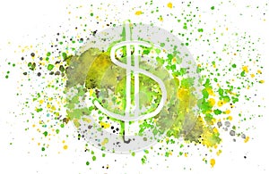 Abstract dollar sign and splashes of watercolor on white background