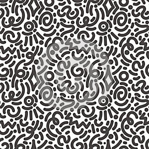 Abstract doodle background. Fun squiggle lines and shapes vector seamless pattern. Cute graphic art. Simple scribble