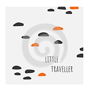 Abstract doodle with black and orange elements, lettering quote little traveller