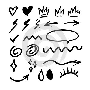 Abstract doodle different elements set. Black color hand drawn vector art.