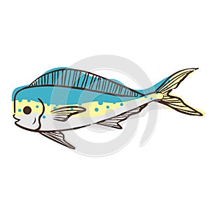 Abstract doodle hippurus fish sign illustration for decoration on marine life, aquarium, fishing and nautical concept