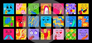 Abstract doodle patterns. Geometric shape design with cartoon faces, art color comic set, square collage trendy doodle