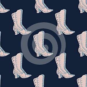 Abstract doodle seamless pattern with pink colored women elegance shoes print. Navy blue background