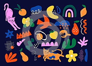 Abstract doodle set. Cat, leaves and organic shapes abstraction elements, cartoon colored stickers. Vector decorative photo