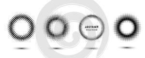 Abstract dot backgrounds. Round logo frame. Monochrome dotted circle shapes. Fade points. Halftone circular balls