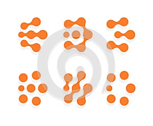 Abstract dots shape, different orange circles logos set. Dotted logo template, flat emblem. Concept logotype design for