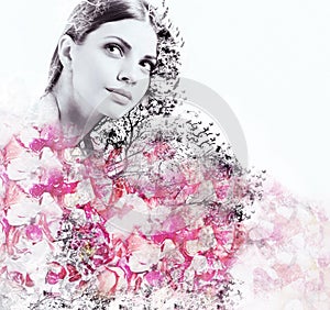 Abstract double exposure of attractive woman and petal of roses
