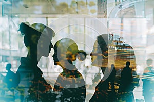 Abstract double exposure of business team with cityscape and financial elements