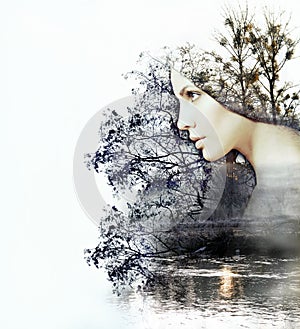 Abstract double exposure of woman and beauty of nature at the su