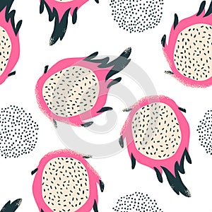 Abstract dragon fruit, dotted doodle seamless pattern