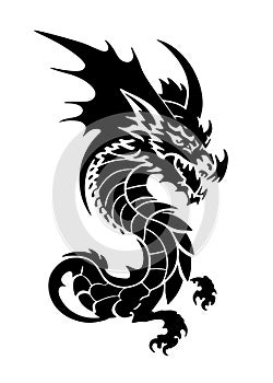 Abstract dragon with open mouth closeup. Good for tattoo. Editable vector monochrome image with high details isolated on white