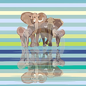 Abstract draw of elephant family (mom dad kids) at watering