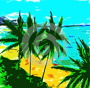 Abstract drawing depicting the coast with palm trees