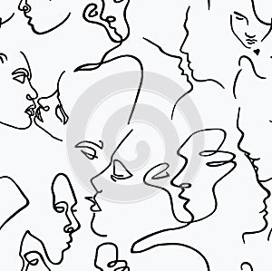 Abstract drawing of female and male faces with black lines on a white background