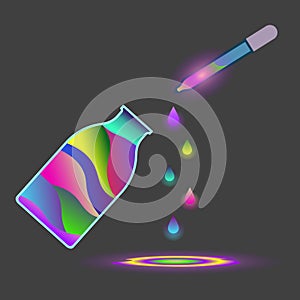 Abstract drawing of a jar with multi-colored paint and a pipette shedding paint on the surface. Vector illustration on a gray back