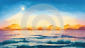 Abstract drawing of landscape with lake at sunset