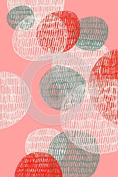 Abstract drawing of overlaid circles on pink background