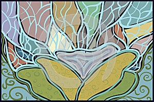 Abstract drawing spring greens blue water plants