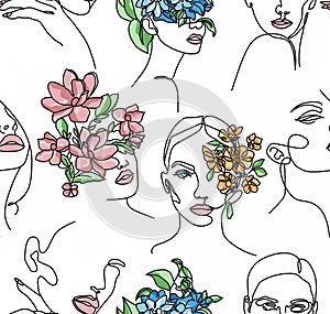 Abstract drawing of women`s faces with black lines with flowers instead of hair on a white background painted in bright colors.