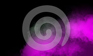 Abstract Dry ice Purple smoke clouds fog floor texture. Perfect spotlight mist effect on isolated black background.