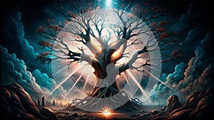 Abstract Dying tree with light beams