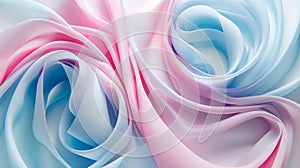 Abstract and dynamic roselike swirls created by pink and blue textured fabric, a soft and flexible, swirling and twisting design