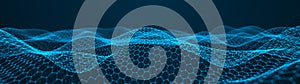 Abstract dynamic wave of points and lines. Hexagon. Big data. Network of particles. Digital background. 3d rendering
