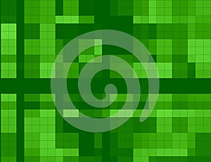 Abstract, dynamical image of green squares, with spectacular dark accents