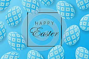 Abstract easter blue background with black frame for text. Creative 3D eggs with a pattern. Vector illustration