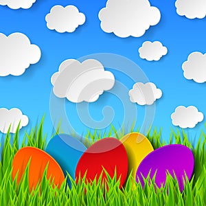 Abstract Easter eggs made of paper on colorful spring background