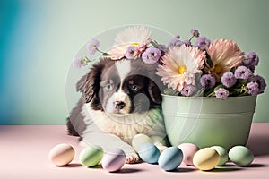 Abstract easter picture of eggs, flowers, and a puppy surrounded by holiday items. Holiday and celebration concept. Generative AI