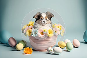 Abstract easter picture of eggs, flowers, and a puppy surrounded by holiday items. Holiday and celebration concept. Generative AI