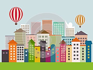 Abstract Eco City With Colorful Buildings, Hot Air Balloons, Skylines, Hot Air Balloons, Blue Sky