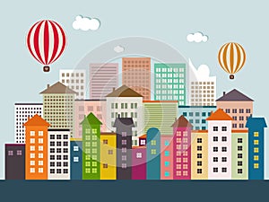 Abstract Eco City With Colorful Buildings, Hot Air Balloons, Skylines, Hot Air Balloons, Blue Sky And White Clouds