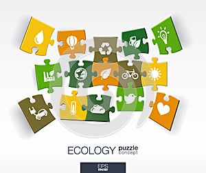 Abstract ecology background with connected color puzzles, integrated flat icons. 3d infographic concept with eco, earth, green