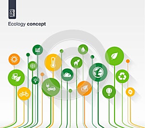 Abstract ecology background with lines, circles and flat icons.