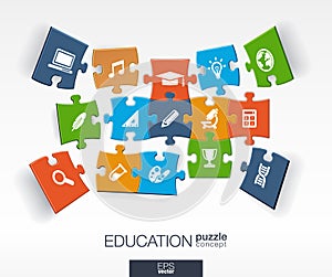 Abstract education background, connected color puzzles, integrated flat icons. 3d infographic concept with school, science