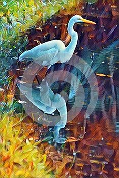 The abstract egret scene displays the beautiful reflection of a still-water pond while our egret hunts its prey