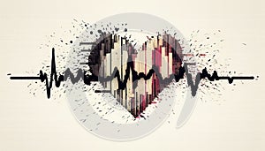 Abstract EKG. Pulse monitor with heart on white background. Healthy cardiology, nursing, healthcare. Illustration.