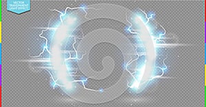 Abstract electric science frame. Shine border with energy lightning and spotlight. Light flare and spark effect. Fiction vector