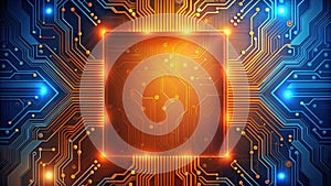 Abstract electronic circuit board design with glowing central processor. Generative AI